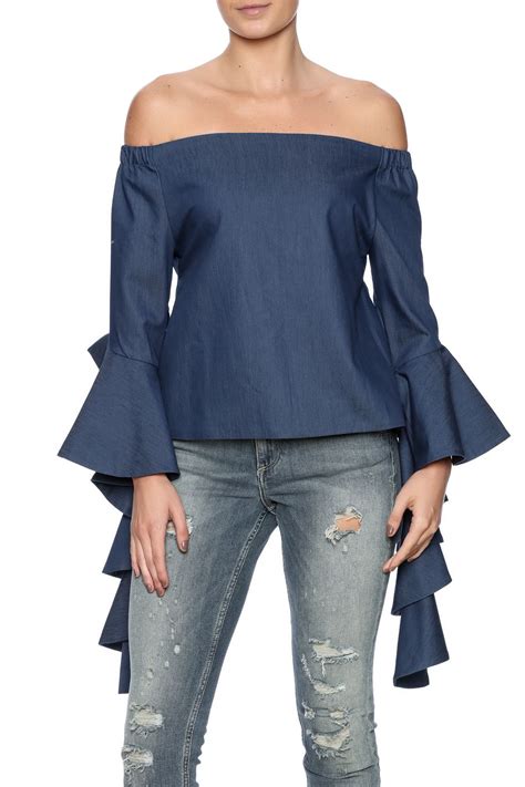 Gracia Ruffle Denim Top Ruffle Sleeve Ruffles And Shoulder