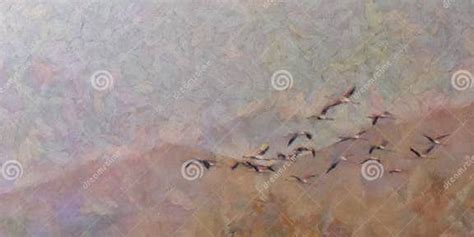 Painting of Flamingos Migration from Lake Stock Illustration ...