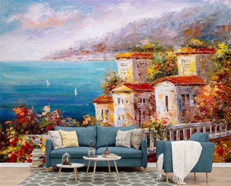 A painting of a landscape with a white fence and flowers - Magic Decor