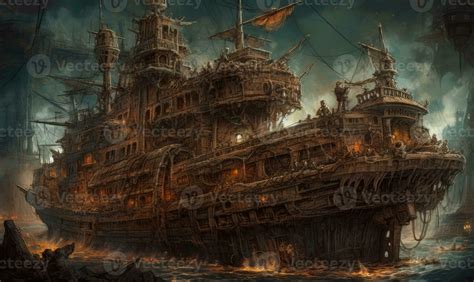 ship sea ocean old pirate landscape city mystic poster alien steampunk ...