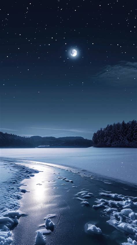 winter night landscape, snow-covered lake, moonlit night, serene winter scenery, starry sky and ...