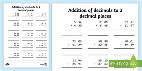 Adding Whole Numbers And Decimals Worksheet To Two Places