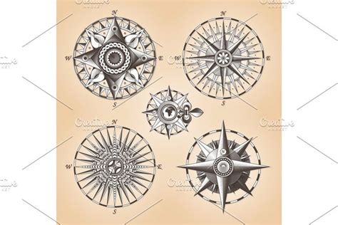 Set Of Vintage Old Antique Nautical Compass Roses Vector Signs