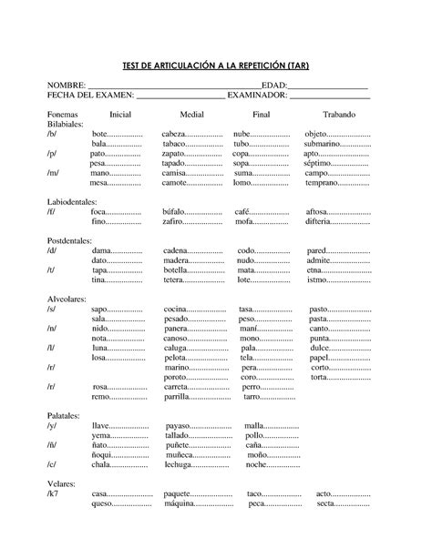 TAR TAR TEST DE ARTICULACIN A LA REPETICIN TAR NOMBRE