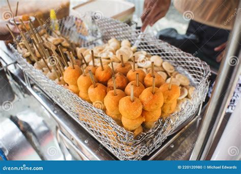 Local Filipino Street Food With Bamboo Skewers - Kwek Kwek Quail Eggs, Fishballs, Squid Balls ...