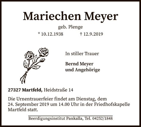 Traueranzeigen Von Mariechen Meyer Trauer Kreiszeitung De