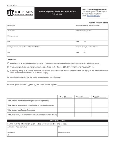 Form R 1377 Download Fillable Pdf Or Fill Online Direct Payment Sales Tax Application Louisiana