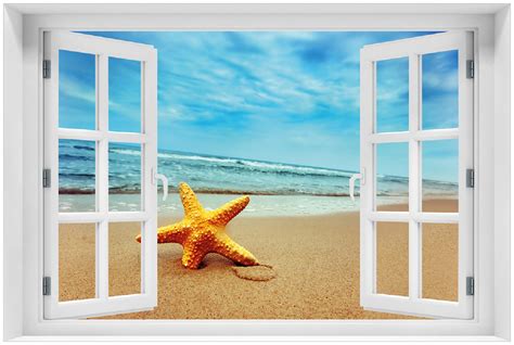 Selbstklebendes Poster Mit Fenster Illusion Seestern Am Strand Am Meer