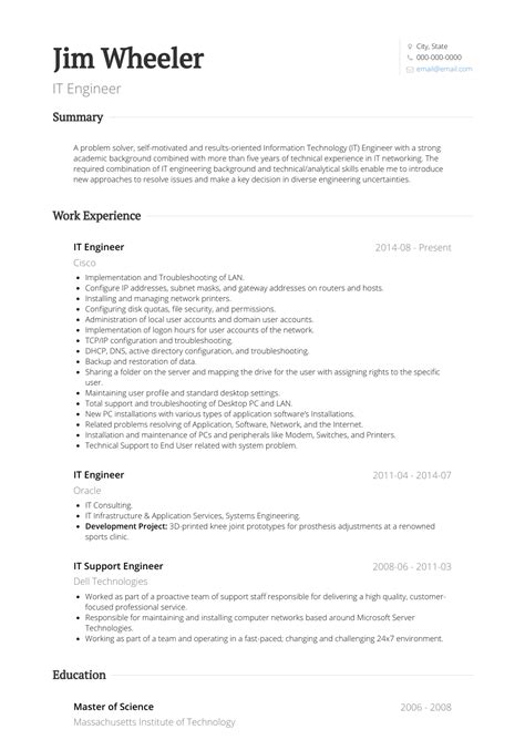 It Engineer - Resume Samples and Templates | VisualCV