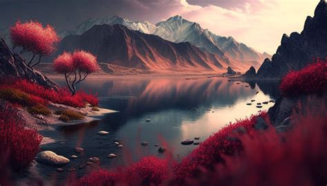 Small Mountains And Landscape Behind A Red Tree Background, Pretty ...