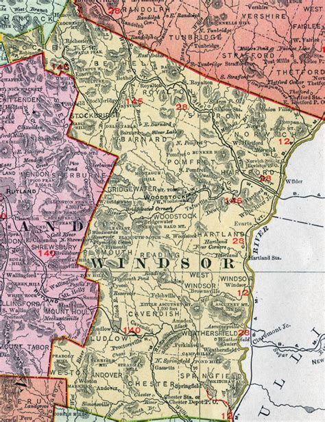 Windsor County, Vermont, 1911, Map, Rand McNally, Woodstock, White ...