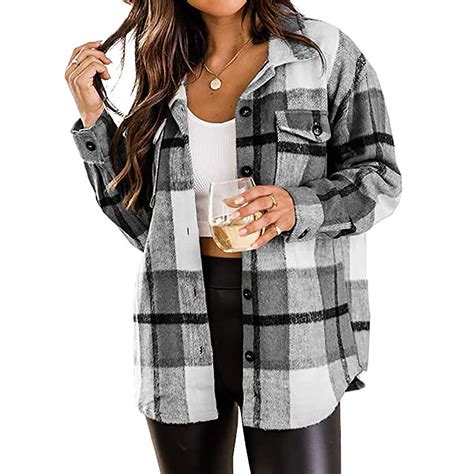 Flannel Shacket Jacket For Women Casual Plaid Wool Blend Button Down Long Sleeve Shirt Fall