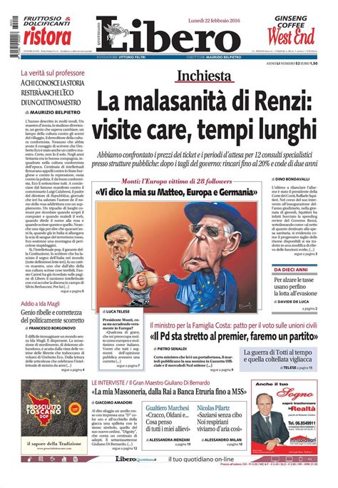 Le Prime Pagine Dei Quotidiani Che Sono In Edicola Oggi Febbraio