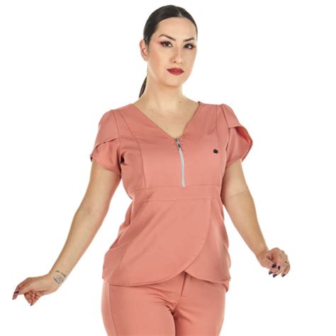 Blusa Scrub Feminino Transpassada Decote Z Per Manga Curta Nude