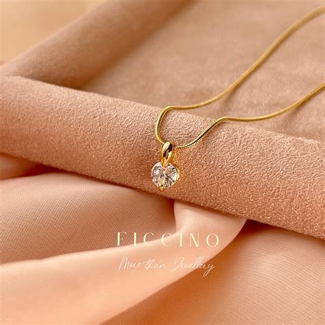 FICCINO 18k Gold Plated Titanium Steel Pendant Necklace Zircon Handmade