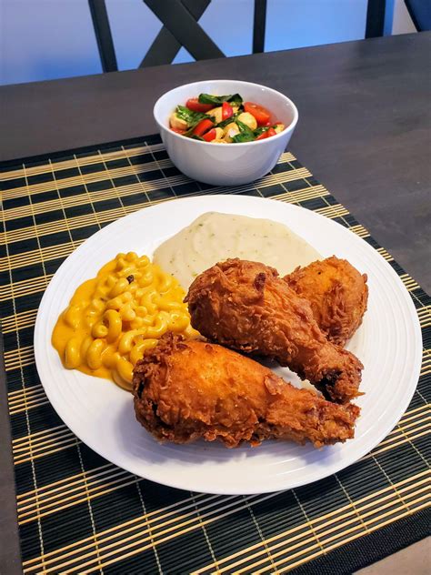 Homemade Fried Chicken Mac And Cheese Mashed Potatoes And Bocconcini Salad Rfood