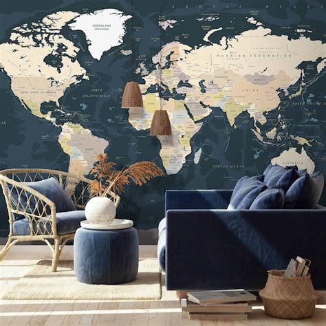 World Map Wallpaper Peel And Stick Soft Political Map Wall Etsy