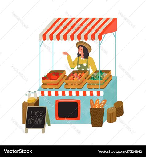 Farmer Market Stall Woman Selling Organic Food Vector Image