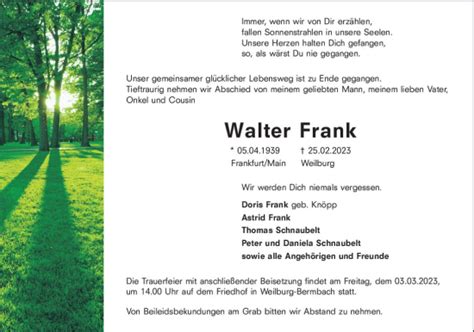 Traueranzeigen Von Walter Frank Vrm Trauer De