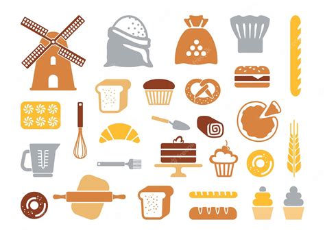 Conjunto De Iconos De Panadería Plana Ilustración Vectorial Vector Premium