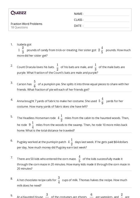 50 Fraction Word Problems Worksheets For 6th Grade On Quizizz Free And Printable