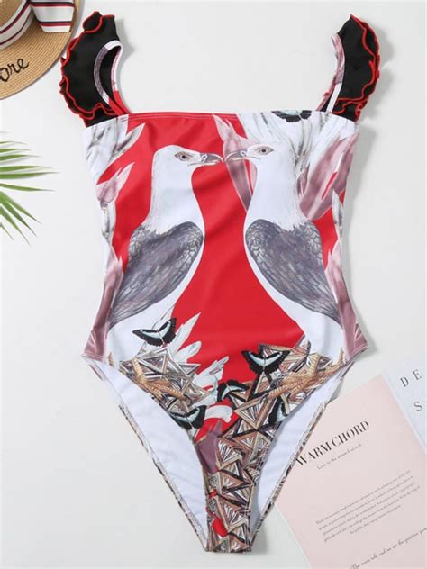 S Style One Piece Bikini Sexy Swimsuit Ruffled Bathing Suit Vintage Retro