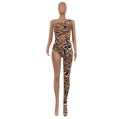 Queenline Leopard One Legged Bodycon Jumpsuit Rompers Women One