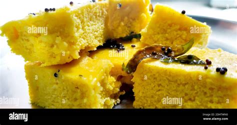 A Closup Shot Of Gujarati Khaman Dhokla Or Steamed Gram Flour Snack