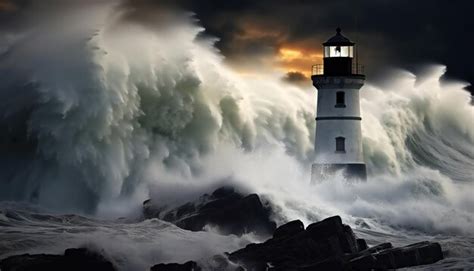 Tempestade Ondas Grandes Sobre O Farol No Oceano Foto Premium