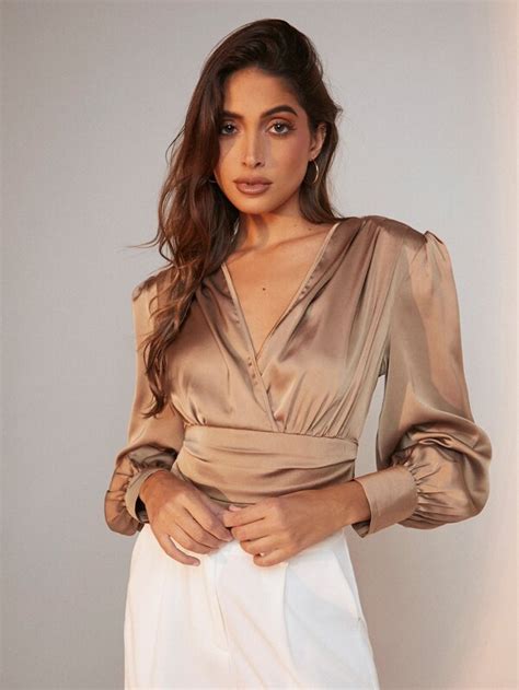 Shein Bizwear Surplice Neck Lantern Sleeve Satin Top Workwear Shein Uk