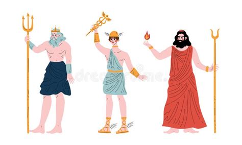 Oude Griekse God Met Poseidon En Hermes Vectorset Stock Illustratie