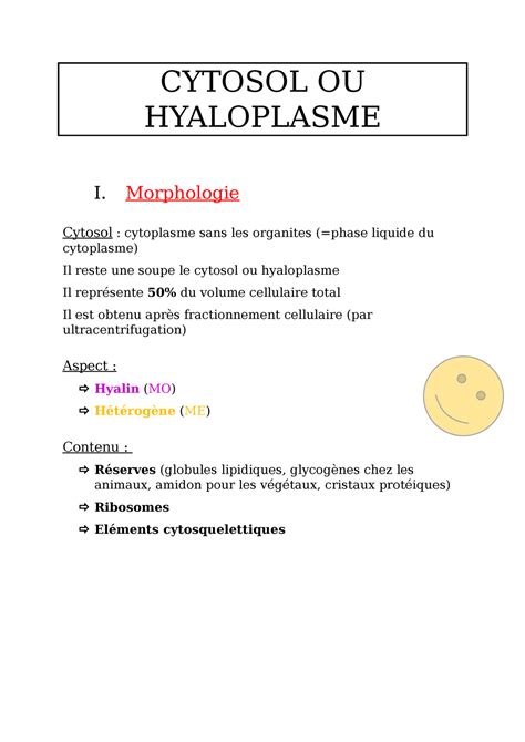 Le Cytosol Ou Le Hyaloplasme Cours Cytosol Ou Hyaloplasme I Morphologie Cytosol