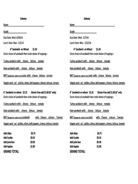 Fillable Online Subway Order Formxlsx Fax Email Print Pdffiller