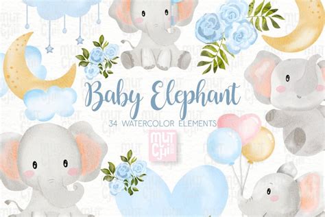 Watercolor Blue Elephant Clipart Set