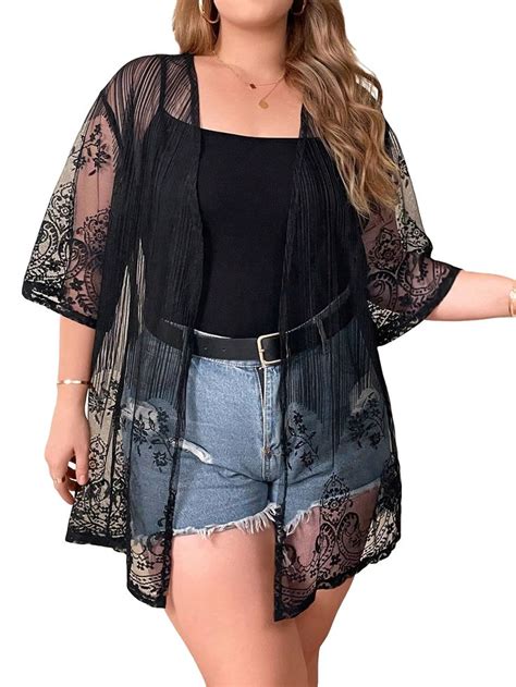 Verdusa Womens Plus Size Half Sleeve Sheer Open Front Lace Kimono Cover Up Lace Kimono Outfit