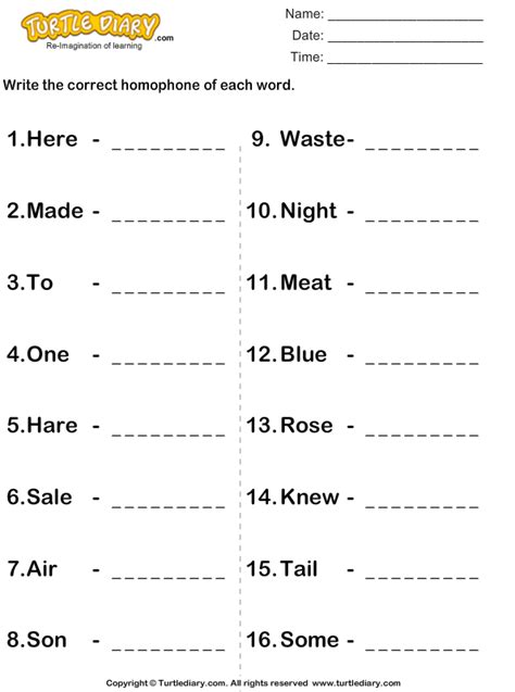 Write The Word That Sound The Same Turtle Diary Worksheet