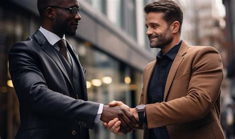 Premium Photo Men Shaking Hands In Front Of A Building