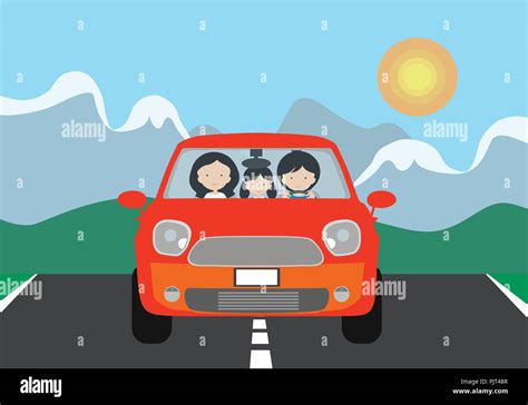 Familia feliz en viaje por carretera en su coche Imágenes vectoriales