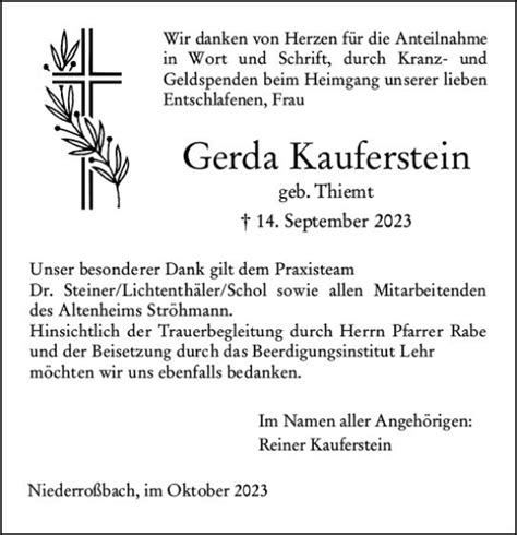 Traueranzeigen Von Gerda Kauferstein Vrm Trauer De