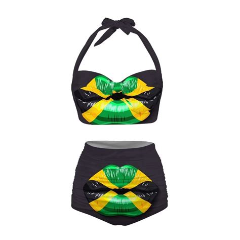 Netilgen Creative Jamaica Flag Lip Design Ladies Swimsuits 2 Piece