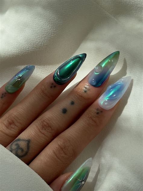 D Aurora Omrbe Chrome Press On Nails Aura Y K False Nails Silver Stars