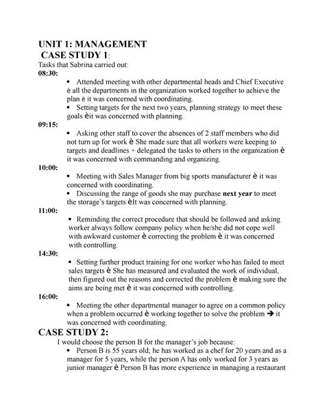 UNIT 1 Case Study UNIT 1 MANAGEMENT CASE STUDY 1 Tasks That