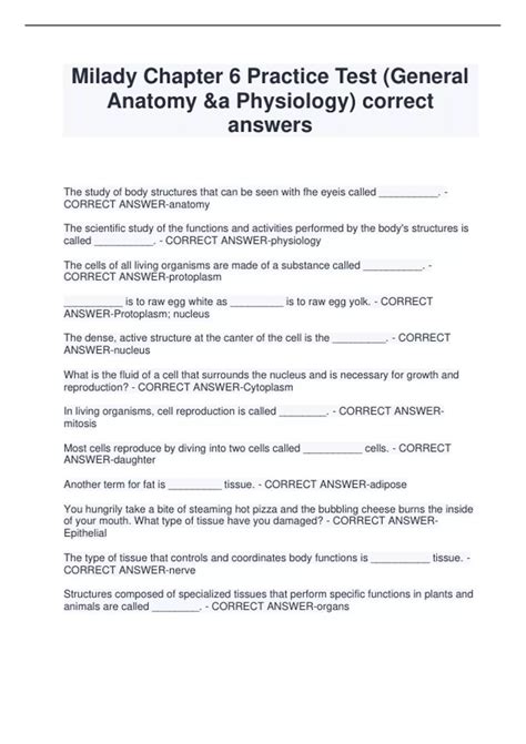 Milady Chapter 6 Practice Test (General Anatomy &a Physiology) correct