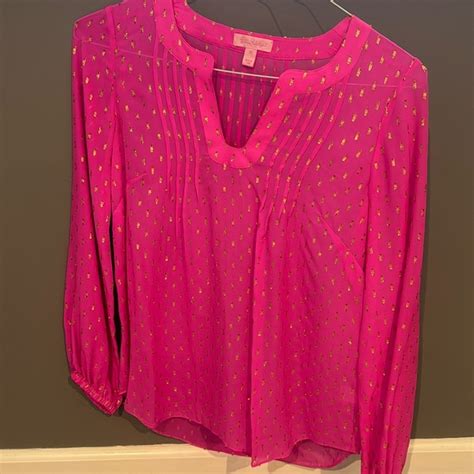 Lilly Pulitzer Tops Lilly Pulitzer Gold Foil Hot Pink Elsa Blouse