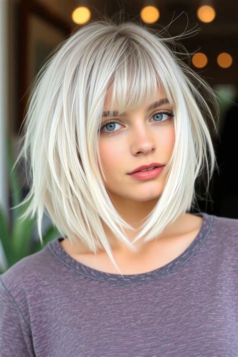 Chic Icy Platinum Long Bob Hairstyles Choppy Lob With Feathered Bangs