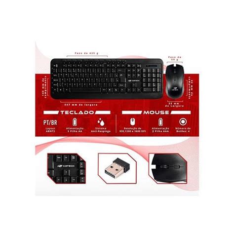 Kit Teclado Mouse Sem Fio C3 Tech K W60bk Abnt2 Preto Martins Atacado