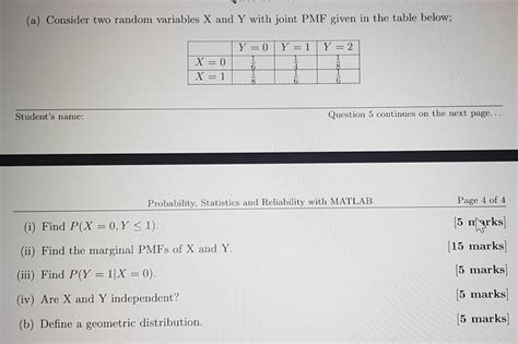 Solved A Consider Two Random Variables X And Y With Joint Pmf Given In The Table Below