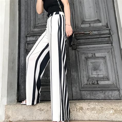 Fashion Black And White Striped Chiffon Wide Leg Pants Women Casual