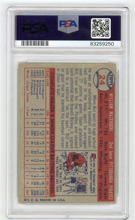 1957 Topps Baseball BILL MAZEROSKI 24 PSA 4 VG EX PITTSBURGH PIRATÉS