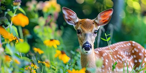 young fawn stands  field  yellow wildflowers background fawn